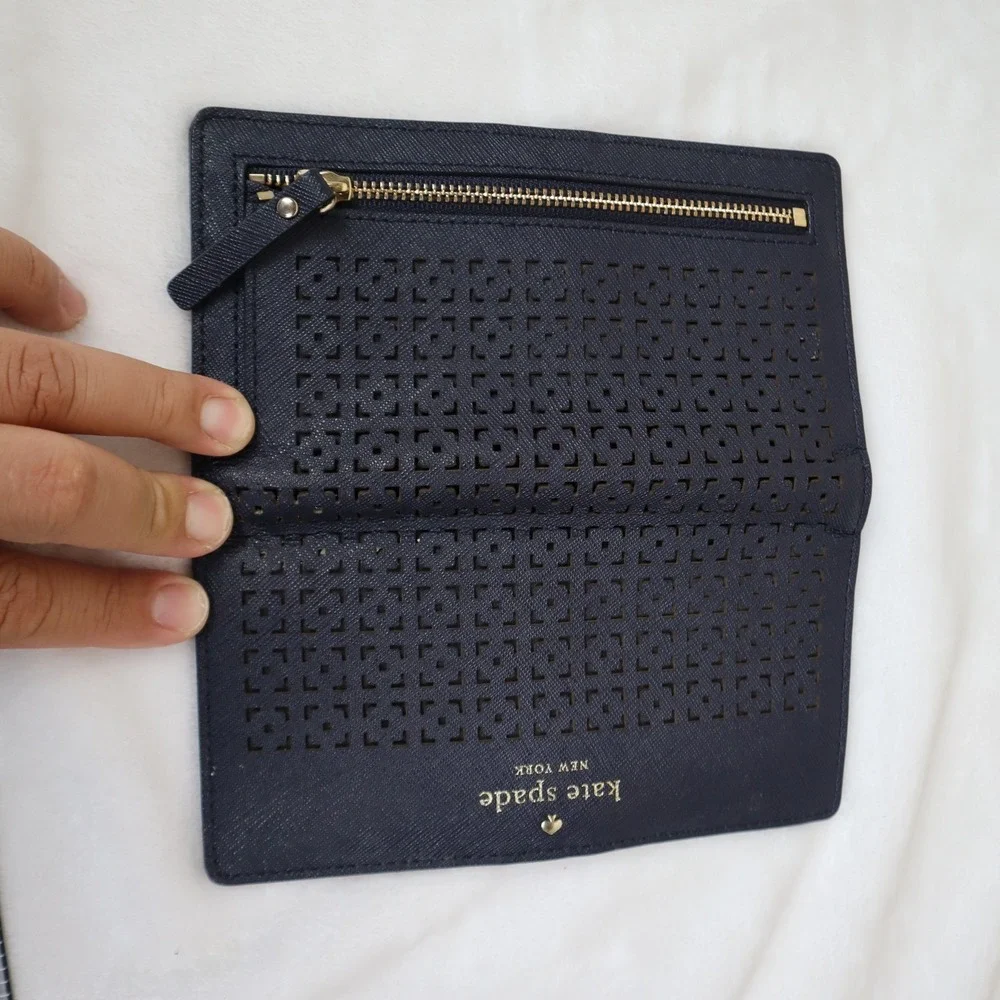 Kate Spade Cedar Street Perforated Lacey Wallet Bifold Black Saffiano Leather